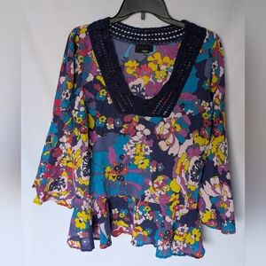 ☘️next Floral Multicolor Peplum Blouse Crochet Detail Trumpet Sleeves Size 12